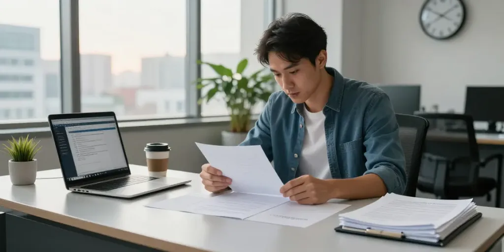 Investigator analyzing documents with urban view during identity verification process.