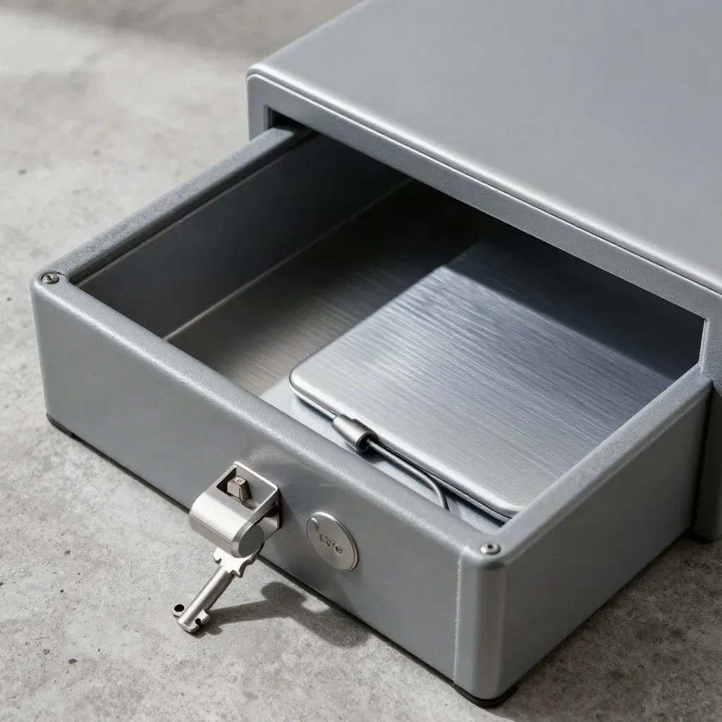 Bovenaanzicht van een open laptopkluis met sleeve, vilten mat en kabel op gepolijst beton.