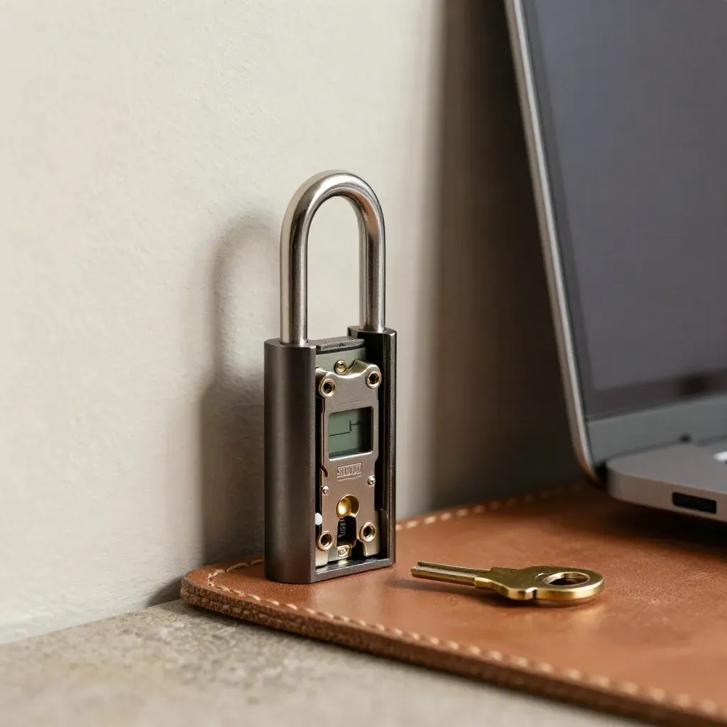 Compacte staande kluis halfopen naast laptophoes in rustige thuiswerkhoek