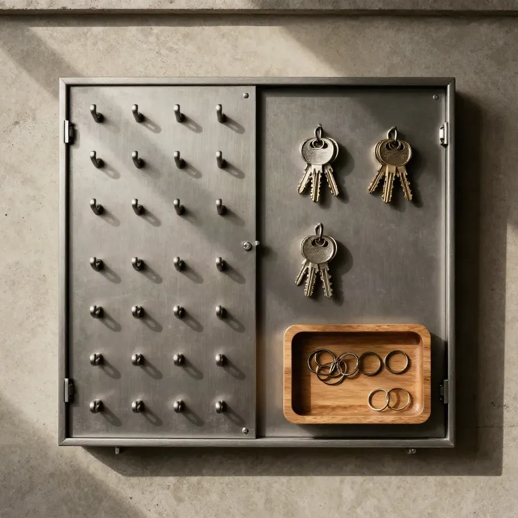 Open sleutelkast met 48 haken, twee sleutelbossen en een houten bakje op licht beton.