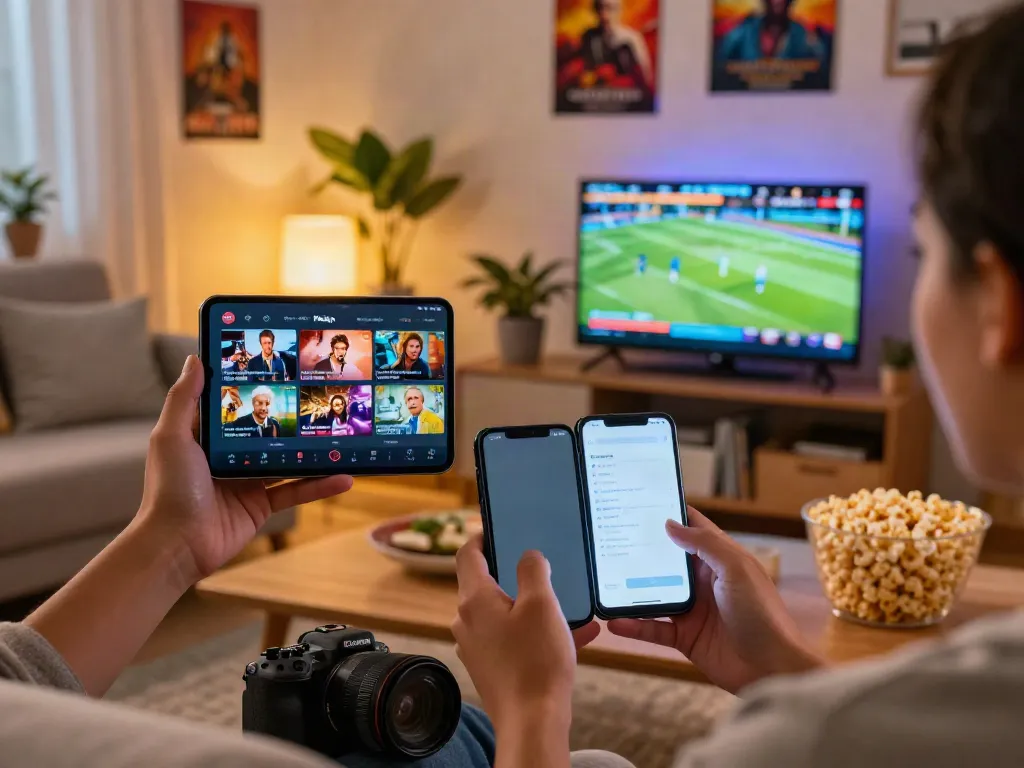 Pikashow streaming app on smartphone in cozy living room, showcasing movie selections and live sports.